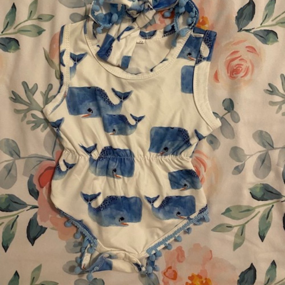 Whale bodysuit/headband set- White with blue whales, 3M